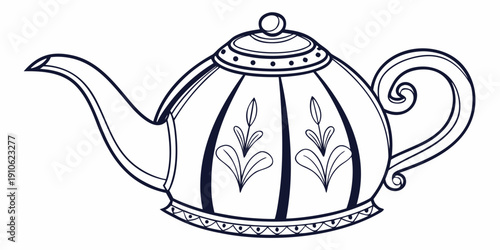 A vintage teapot with intricate floral designs and a curved handle