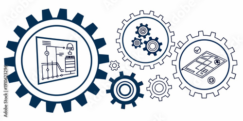 Illustration of interconnected gears with icons representing technology and design