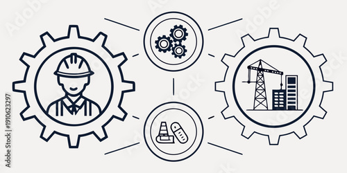 Interconnected gears representing various aspects of industrial and technological innovation