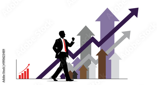 A determined businessman in a suit confidently strides forward, symbolizing growth, success, and positive financial progress against an upward trending arrow chart.