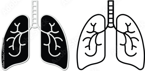 Detailed medical illustration of human lungs and respiratory system, showing both filled and outline versions of the anatomical structure.