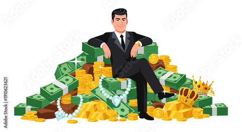 Confident businessman in a sleek suit sitting atop a vast mountain of cash, gold bars, and luxurious jewelry, symbolizing immense wealth and financial success.