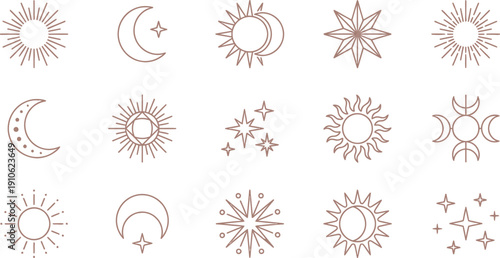 A diverse collection of elegant celestial line art icons showcasing suns moons and stars in bohemian style