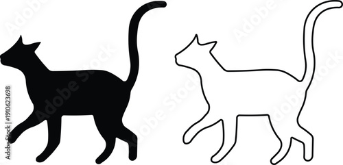 Two stylized cat illustrations, one black silhouette and one white outline, both walking in profile with tails raised.