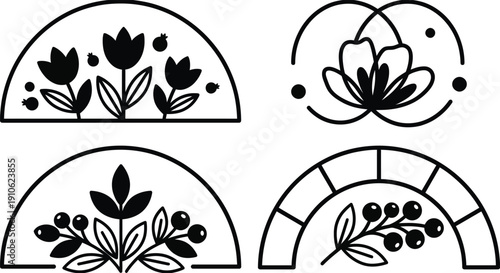 A beautiful collection of simple black and white semi-circular decorative line art elements featuring flowers and berries