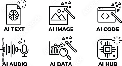Black and white linear icons represent various artificial intelligence applications and digital services