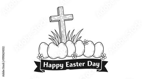 Christian cross with Easter eggs and banner Happy Easter Day black and white religious illustration