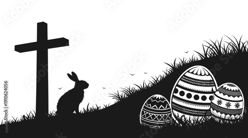 Silhouette of cross bunny and decorated Easter eggs on hill black and white resurrection concept