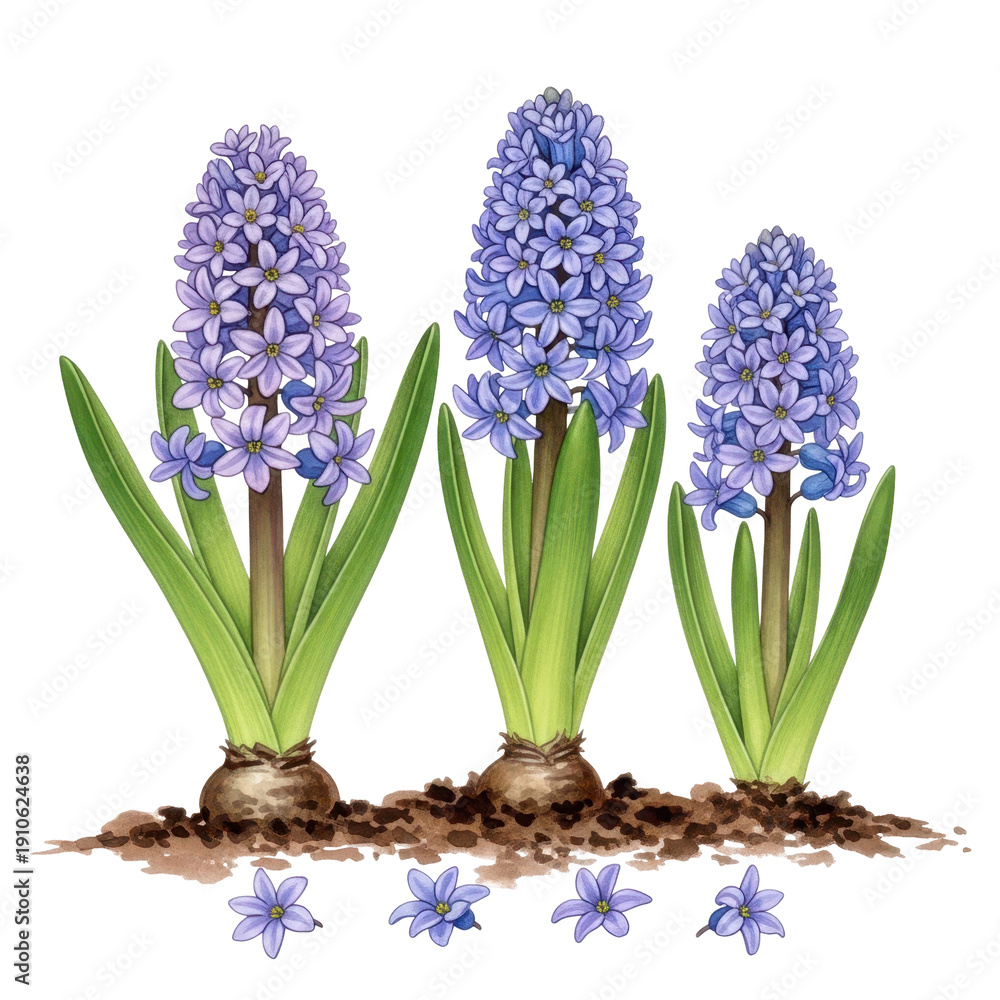 Fototapeta premium Three blooming purple hyacinth plants growing from bulbs in soil isolated on white representing spring gardening, floral growth, botanical education, and plant life cycle 