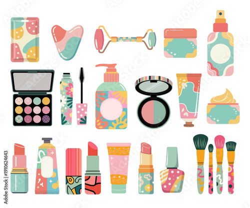Flat vector illustration set of beauty and skincare products in pastel pink, mint, yellow and orange tones, isolated on transparent background, perfect for mockups and modern design.
