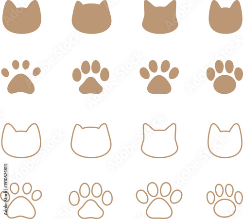 猫と肉球・足跡の手書きイラストセット　茶色・ベージュ