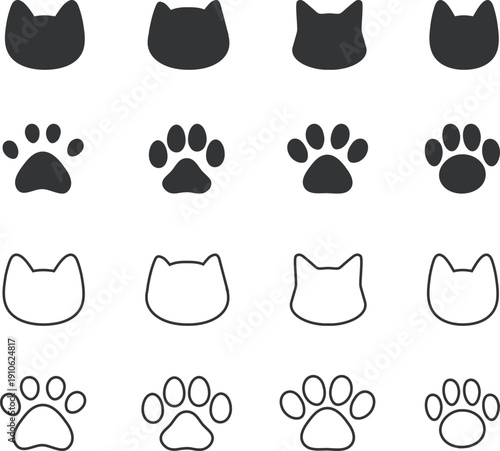 猫と肉球・足跡の手書きイラストセット　黒