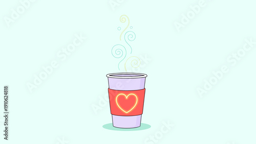 A cute cartoon illustration of a steaming disposable coffee cup with a red heart sleeve on a light blue background.
