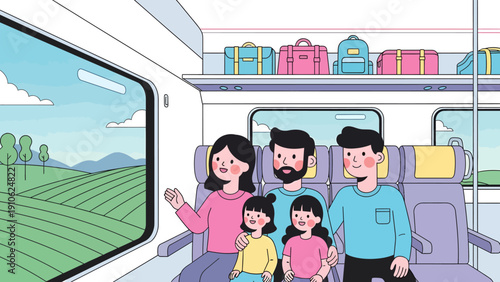 A happy family of four enjoying a scenic train journey, looking out at green fields and rolling hills.