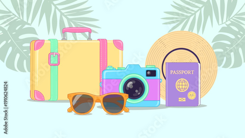 Colorful illustration of travel essentials including a suitcase, camera, passport, sunglasses, and hat, set against a tropical background.