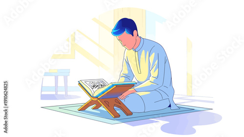 A man in traditional attire sits on a prayer mat, devoutly reading a holy book placed on a wooden rehal, illustrating a moment of spiritual reflection and study.