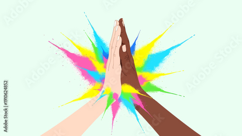 Two diverse hands high-fiving with a vibrant explosion of colorful powder, symbolizing unity and celebration.