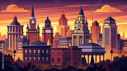 Very beautiful skyline silhouette of a prominent university city at sunset, highlighting distinctive academic towers and urban architecture against a glowing orange horizon.
