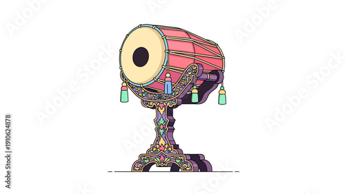 A beautifully decorated traditional drum on an ornate stand, featuring intricate patterns and vibrant colors, set against a white background.