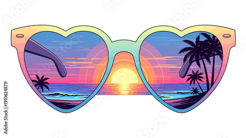 Heart-shaped sunglasses reflecting a vibrant tropical beach sunset with palm trees and ocean waves, featuring pastel rainbow frames.