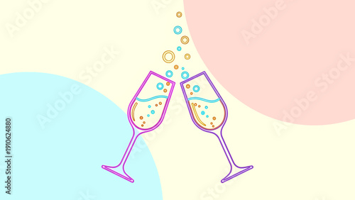 Two stylized champagne glasses clinking together with rising bubbles on a soft pastel background, celebrating an event.