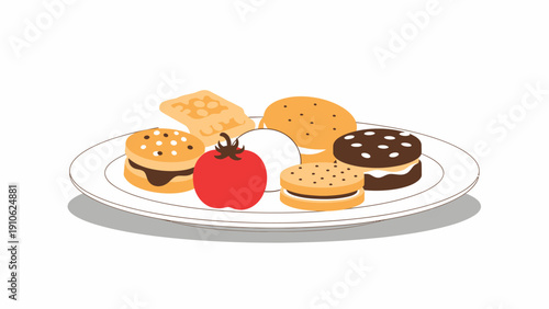 A white plate filled with an assortment of baked goods including cookies and biscuits, a fresh red tomato, and a white egg, presented on a clean background.