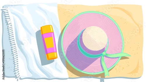 Overhead view of a pink and teal sun hat, sunscreen bottle, and white towel on a sandy beach, ready for a sunny day.