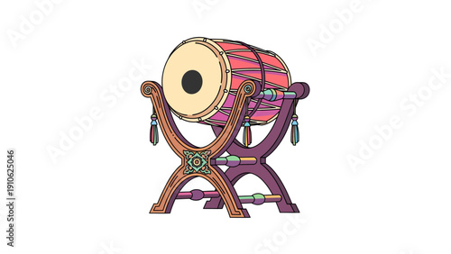 A beautifully illustrated traditional drum, possibly a dholak or similar instrument, resting on an ornate, carved wooden stand with colorful details, set against a clean white background.
