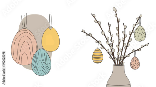 Illustration of pastel-colored Easter egg decorations, some hanging individually and others adorning pussy willow branches in a vase, depicting spring holiday themes.