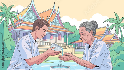 A young man respectfully pouring water over an elderly woman's hands in a traditional Thai temple setting, symbolizing blessings and purification during a cultural festival.