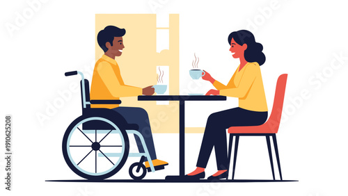 A man in a wheelchair and a woman are having coffee and talking at a table, depicting an inclusive social interaction or date.