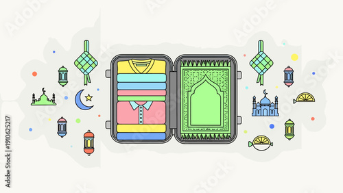 Illustration of an open suitcase packed with clothes and a prayer mat, surrounded by Islamic symbols for travel and celebration.