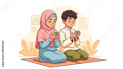 Two Muslim children, a boy and a girl, kneeling on a prayer mat with hands raised in supplication, illustrating Islamic prayer and devotion.