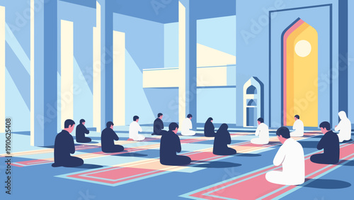 Muslims praying in congregation inside a modern, minimalist mosque illustration, with light streaming through pillars.
