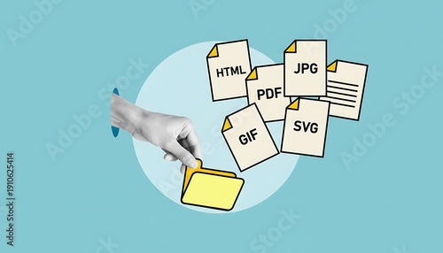Folder file conversion concept with hand holding yellow directory and floating document icons for HTML, PDF, JPG, GIF, SVG formats, digital storage and transfer