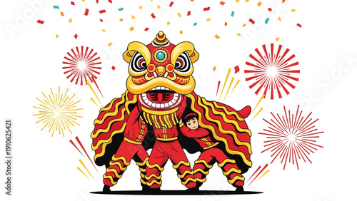 A vibrant illustration of a traditional Chinese lion dance performance with fireworks and confetti.