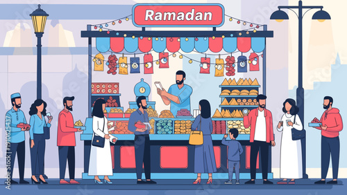 A diverse group of people queuing at a vibrant street food stall during Ramadan celebrations in a city.