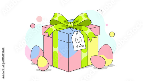 A pastel-colored Easter gift box with a green bow and bunny tag, surrounded by decorative Easter eggs, set against a soft, abstract background.