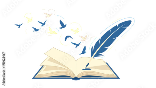 A blue quill pen writes in an open book, with birds flying out, symbolizing creativity, freedom, and the power of storytelling.