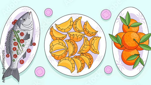An overhead view of three festive dishes, including a whole fish, golden dumplings, and fresh oranges, arranged on a light blue background with pink accents.
