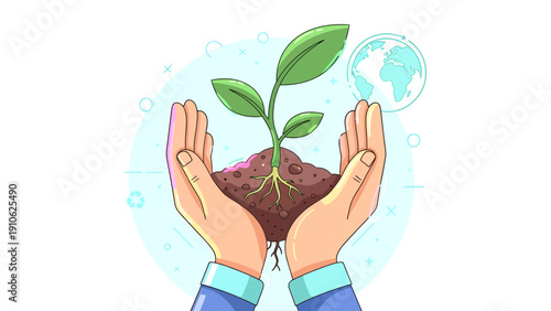 Hands gently cradling a vibrant green plant with soil and roots, symbolizing environmental protection and sustainable growth, with a subtle globe in the background.