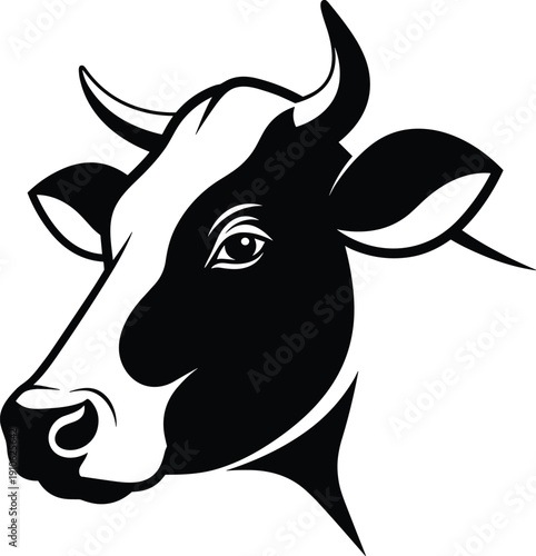 Stylized cow head silhouette in bold black and white profile, strong livestock symbol for dairy, agriculture, and vector illustration design
