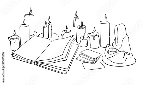 Burning candles with spellbook, continious line drawing. Magic, esotericism, occultism, deck of tarot cards line art. Vector illustration