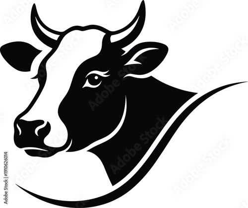 Stylized cow head silhouette with bold lines and dynamic curves, vector logo design for dairy, farm, livestock, agriculture branding