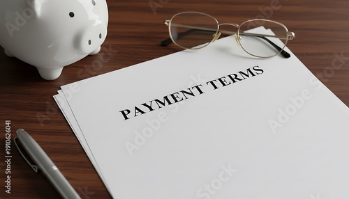 Document payment terms text on paper on wooden desk with eyeglasses, pen and piggy bank, business finance concept, close up office still life with copy space