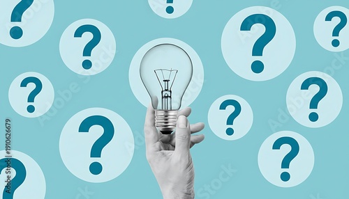 Light bulb held in hand with question mark icons on blue background, creative idea and problem solving concept for FAQ, help desk, brainstorming and innovation