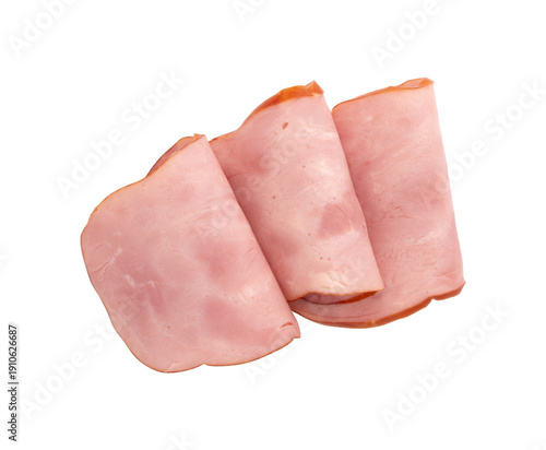 Foto cooked and smoked ham isolated on white background, top view, slices of cold smo