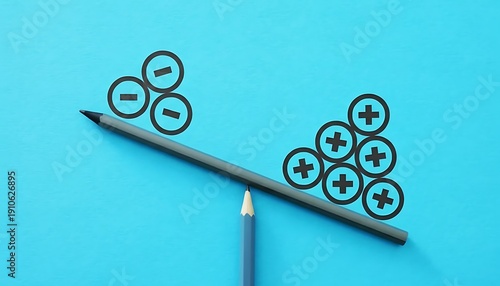 Pencil balancing on fulcrum like a seesaw with plus and minus icons showing pros and cons, decision making and risk reward analysis, minimal blue background 3D render