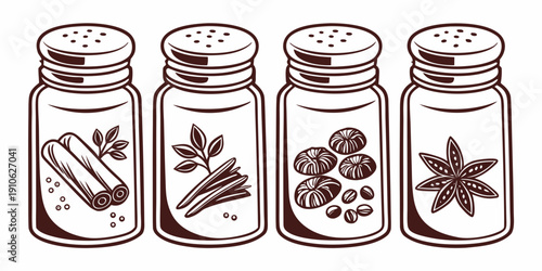 Four jars of different spices lined up on a shelf