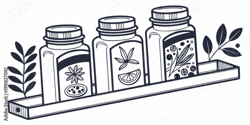 Three jars of spices and herbs neatly arranged on a wooden shelf.